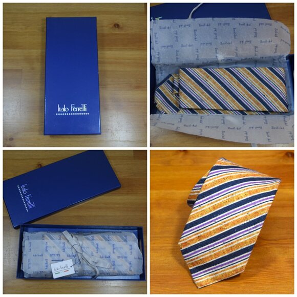 $570 ITALO FERRETTI Navy Blue Striped Handmade Silk Linen Neck Tie Italy XL - Picture 5 of 16